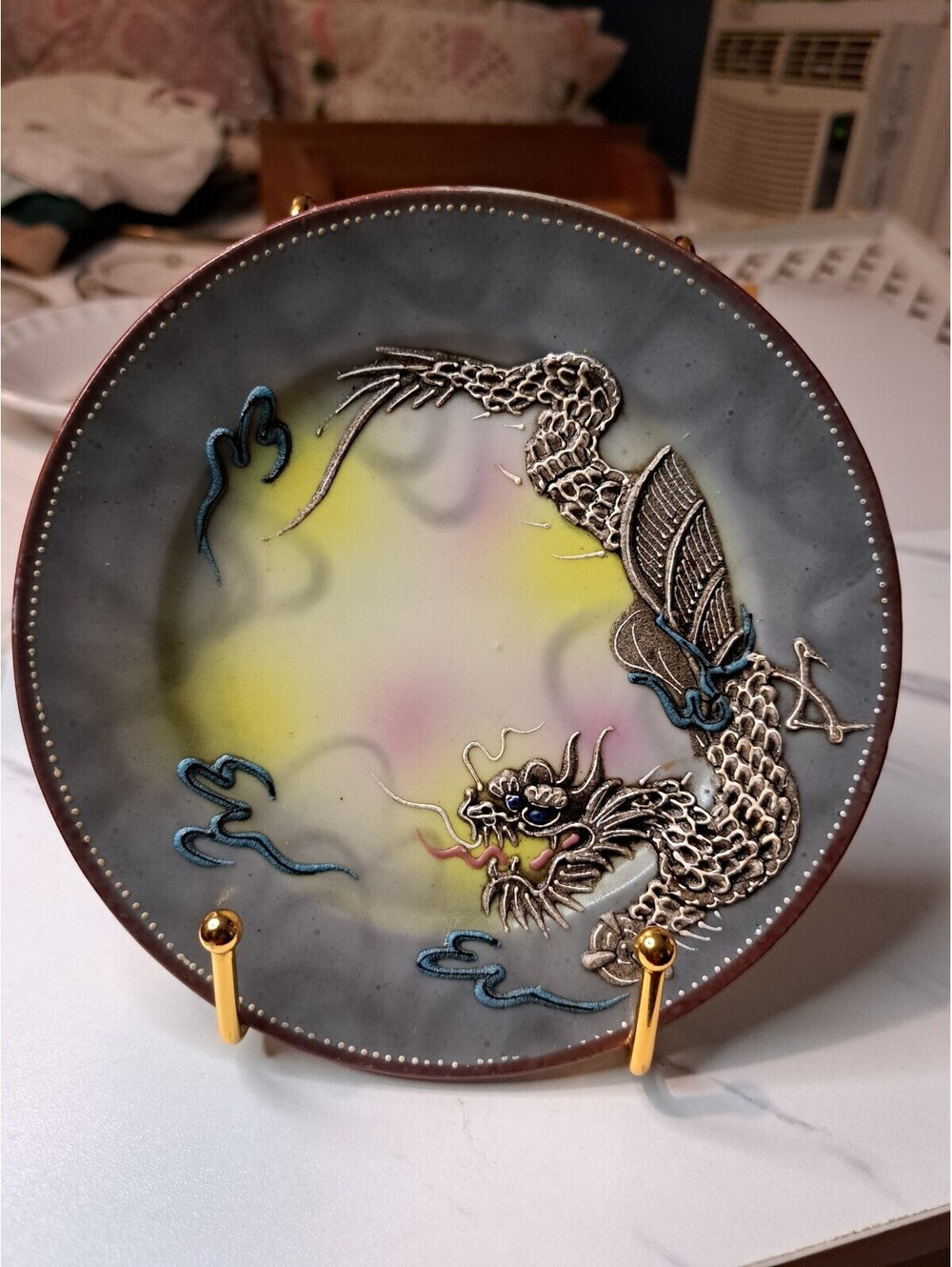 Vtg Japanese Moriage Dragonware Decorative Plate Intricate Raised Design 6.25"